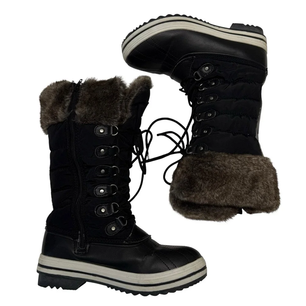 Polar Black Brown Quilted Faux Fur Mid Calf Waterproof Winter Boots‎ Sz 6 S5